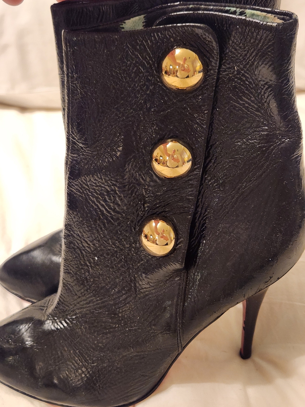 Betsey Johnson Black Pointed Toe Ankle Boots with Gold Button Accents - Picture 4 of 10